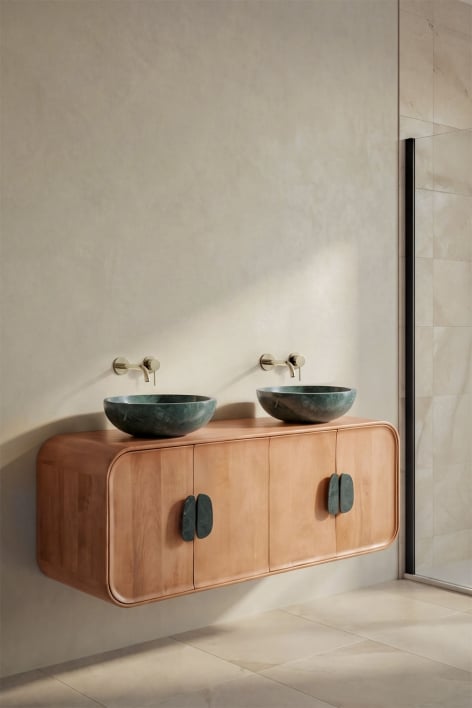Conjunto de mueble de baño doble suspendido 130x45 cm en madera de mango y piedra natural Kivalina - Mármol Verde Udaipur - Madera de Mango