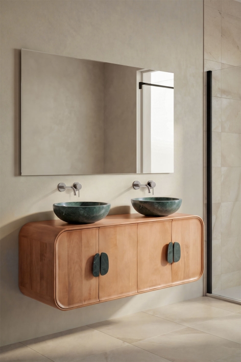Conjunto de mueble de baño doble suspendido 130x45 cm en madera de mango y piedra natural Kivalina