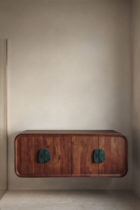 Conjunto de mueble de baño doble suspendido 130x45 cm en madera de mango y piedra natural Kivalina - Mármol Verde Udaipur - Madera de Mango Oscura
