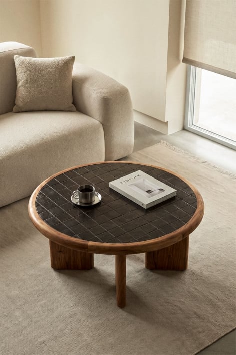 Mesa de centro redonda Ø80 cm en azulejos y madera de acacia Aitana