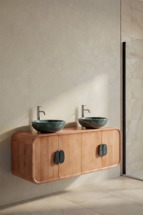 Conjunto de mueble de baño doble suspendido 130x45 cm en madera de mango y piedra natural Kivalina - Mármol Verde Udaipur - Madera de Mango