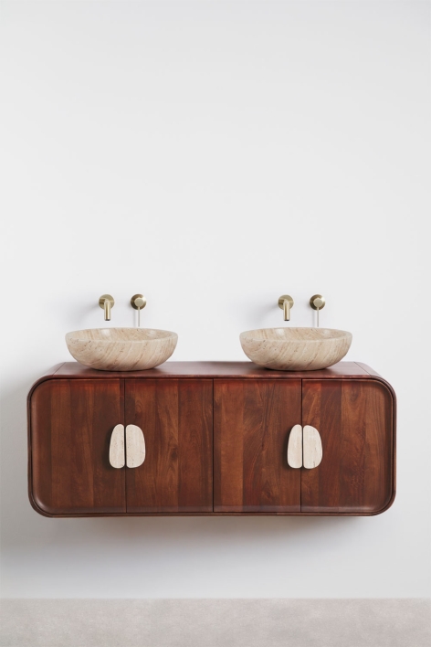 Conjunto de mueble de baño doble suspendido 130x45 cm en madera de mango y piedra natural Kivalina - Travertino - Madera Mango Oscura