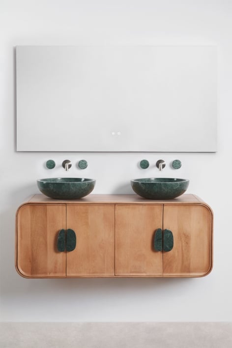 Conjunto de mueble de baño doble suspendido 130x45 cm en madera de mango y piedra natural Kivalina - Mármol Verde Udaipur - Madera de Mango