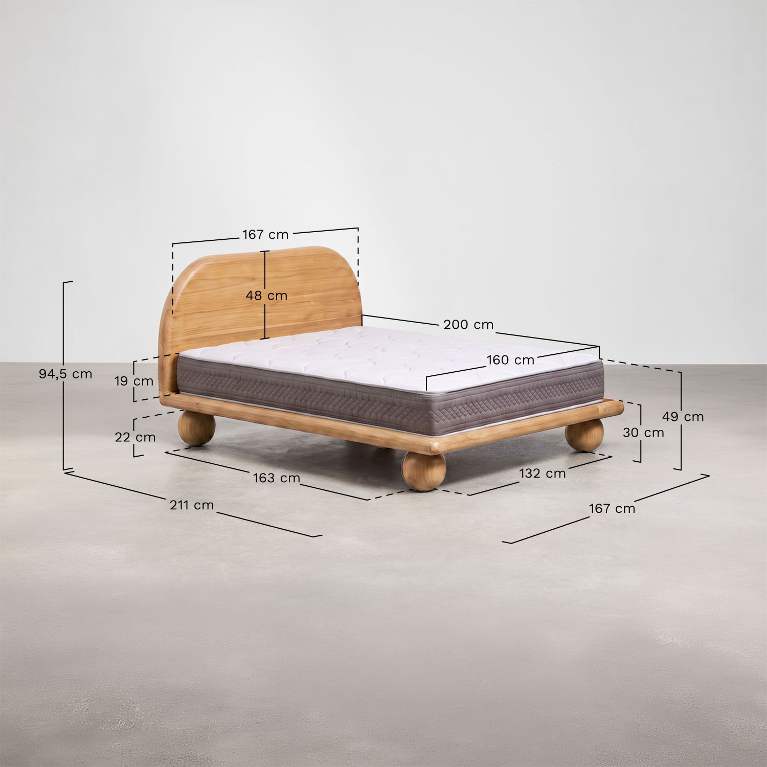 Cama en madera de mango Bicheno, medidas