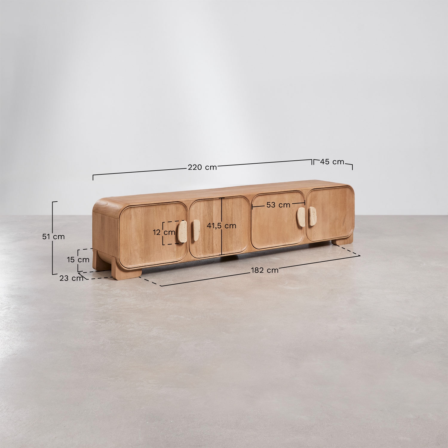 Mueble TV en madera de mango y piedra natural Kivalina, medidas