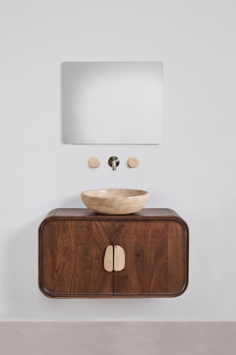 Conjunto de mueble de baño suspendido 95x45 cm en madera de mango y piedra natural Kivalina - Travertino - Madera Mango Oscura