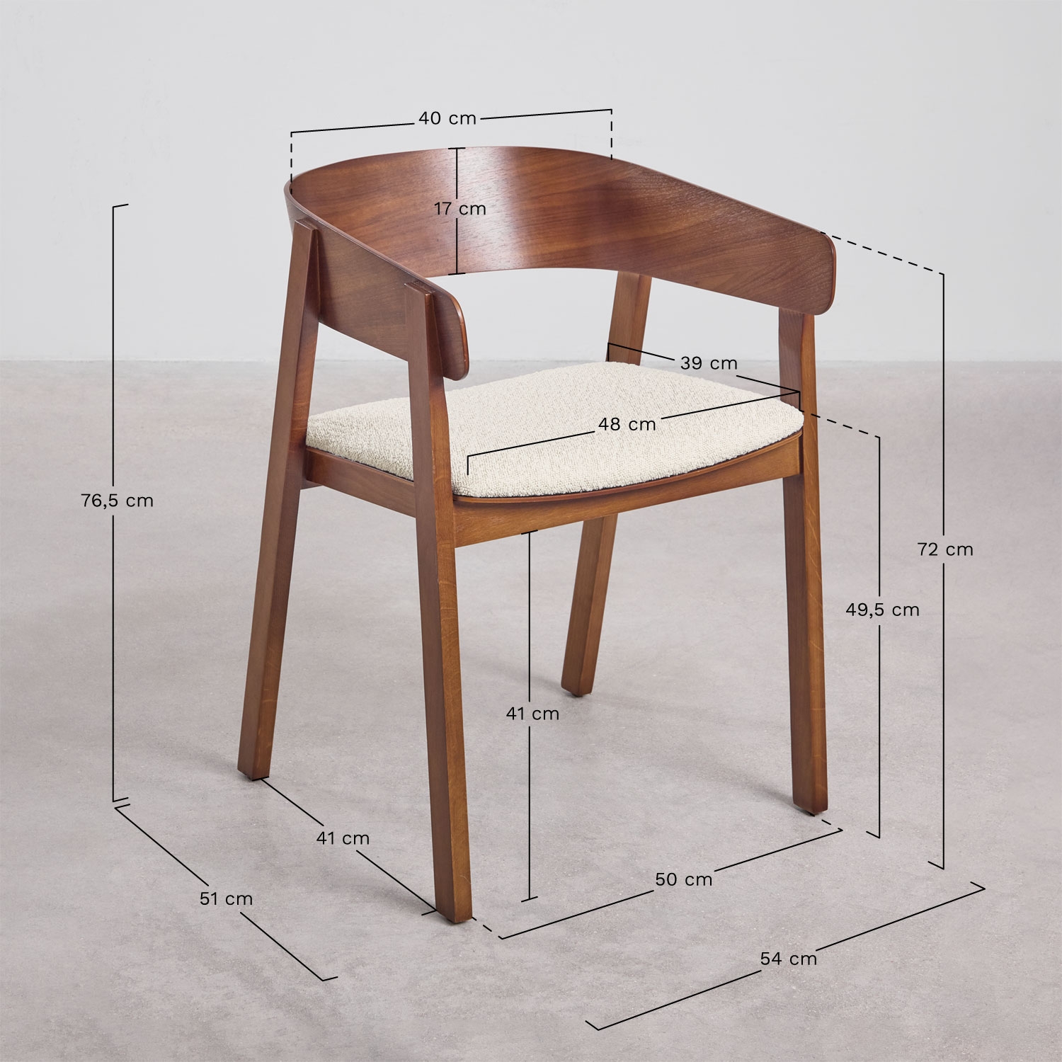 Silla de comedor con reposabrazos en madera de roble Olsen, medidas