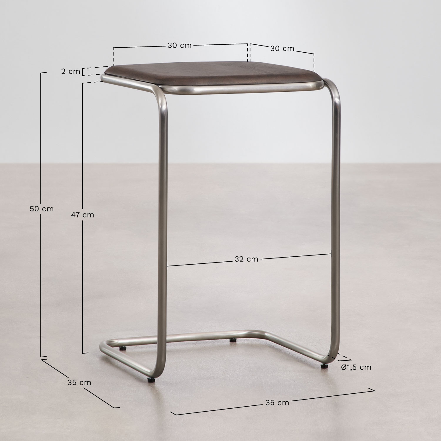 Mesa auxiliar cuadrada 35x35 cm en madera de acacia y acero inoxidable Altrex, medidas