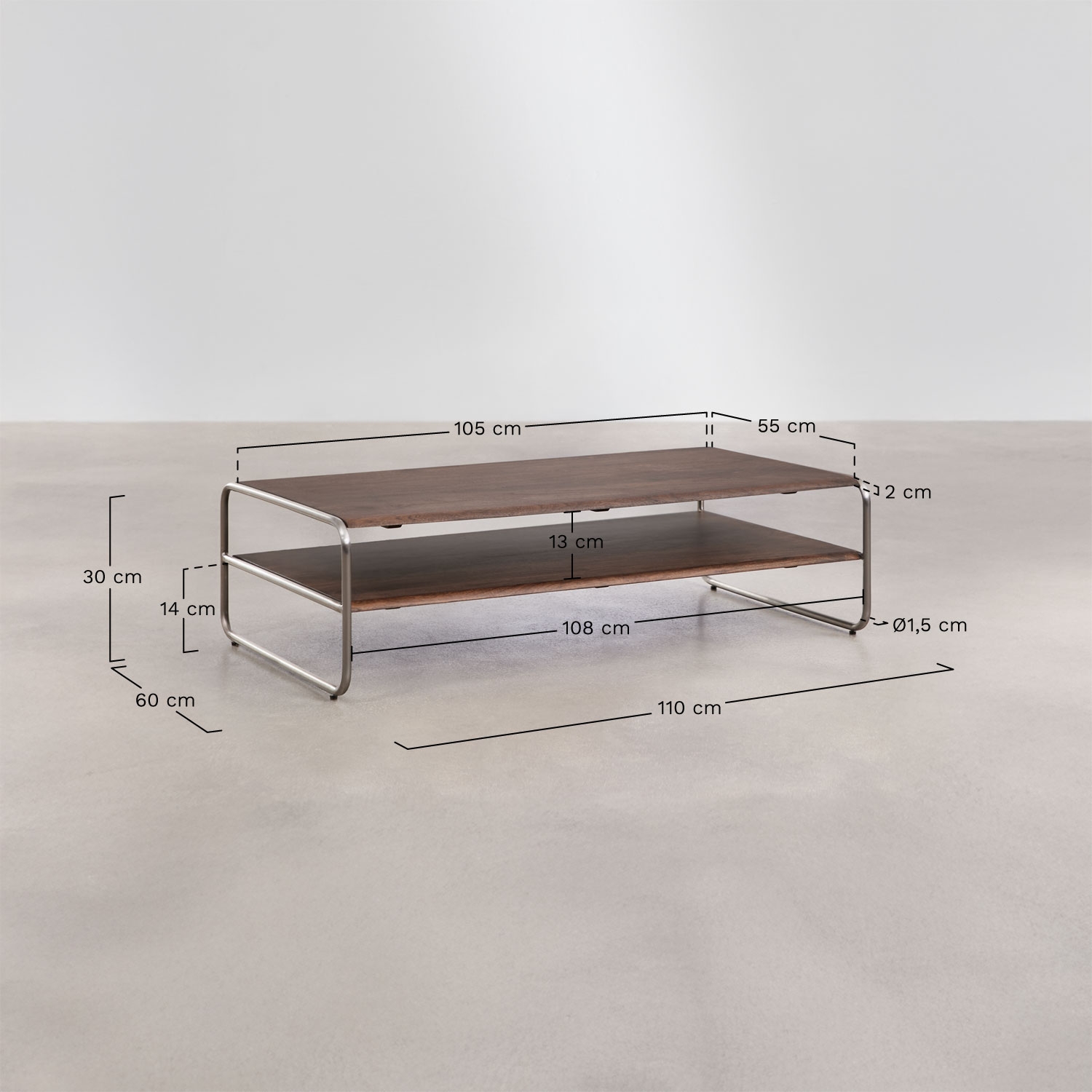 Mesa de centro en madera de acacia y acero inoxidable Altrex, medidas