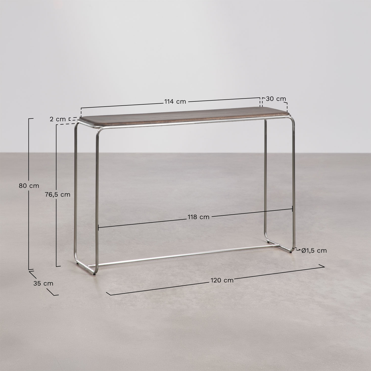 Consola recibidor 120x35 cm en madera de acacia y acero inoxidable Altrex, medidas