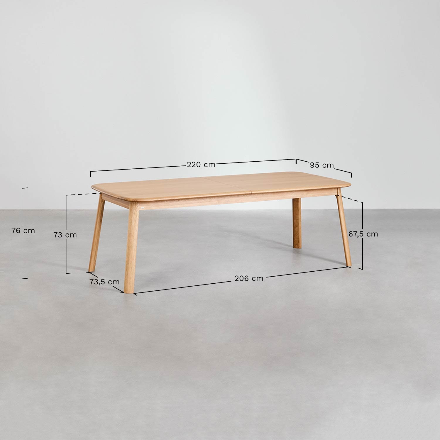 Set de mesa extensible 220-320x95 cm Treveris y 8 sillas de comedor en madera de roble Mara Signature, medidas