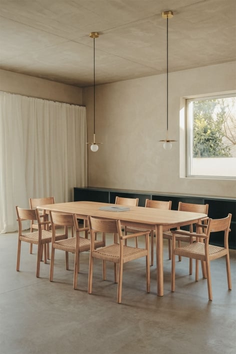 Set de mesa extensible 220-320x95 cm Treveris y 8 sillas de comedor en madera de roble y cuerda trenzada Mara