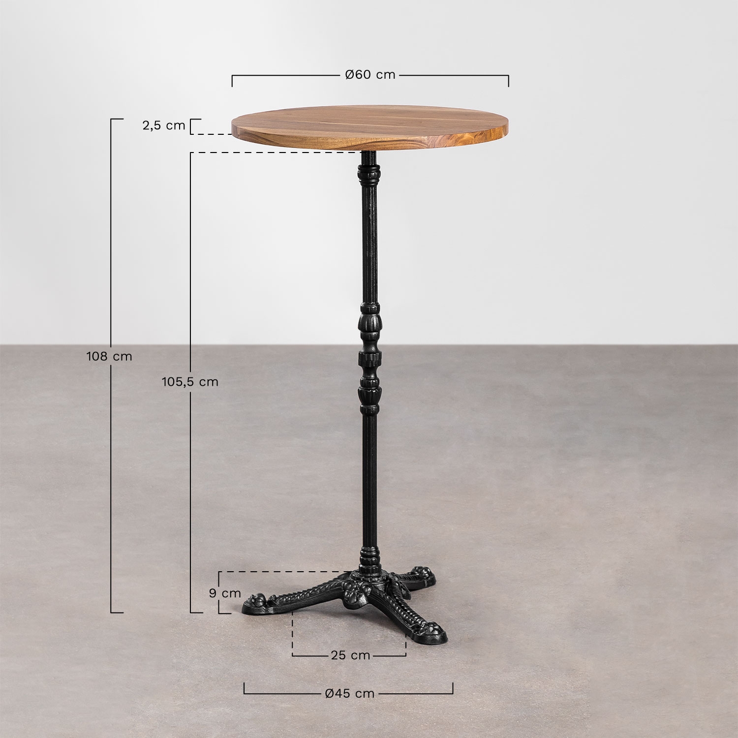 Mesa alta de bar redonda Ø60 cm en madera de acacia Azteca , medidas