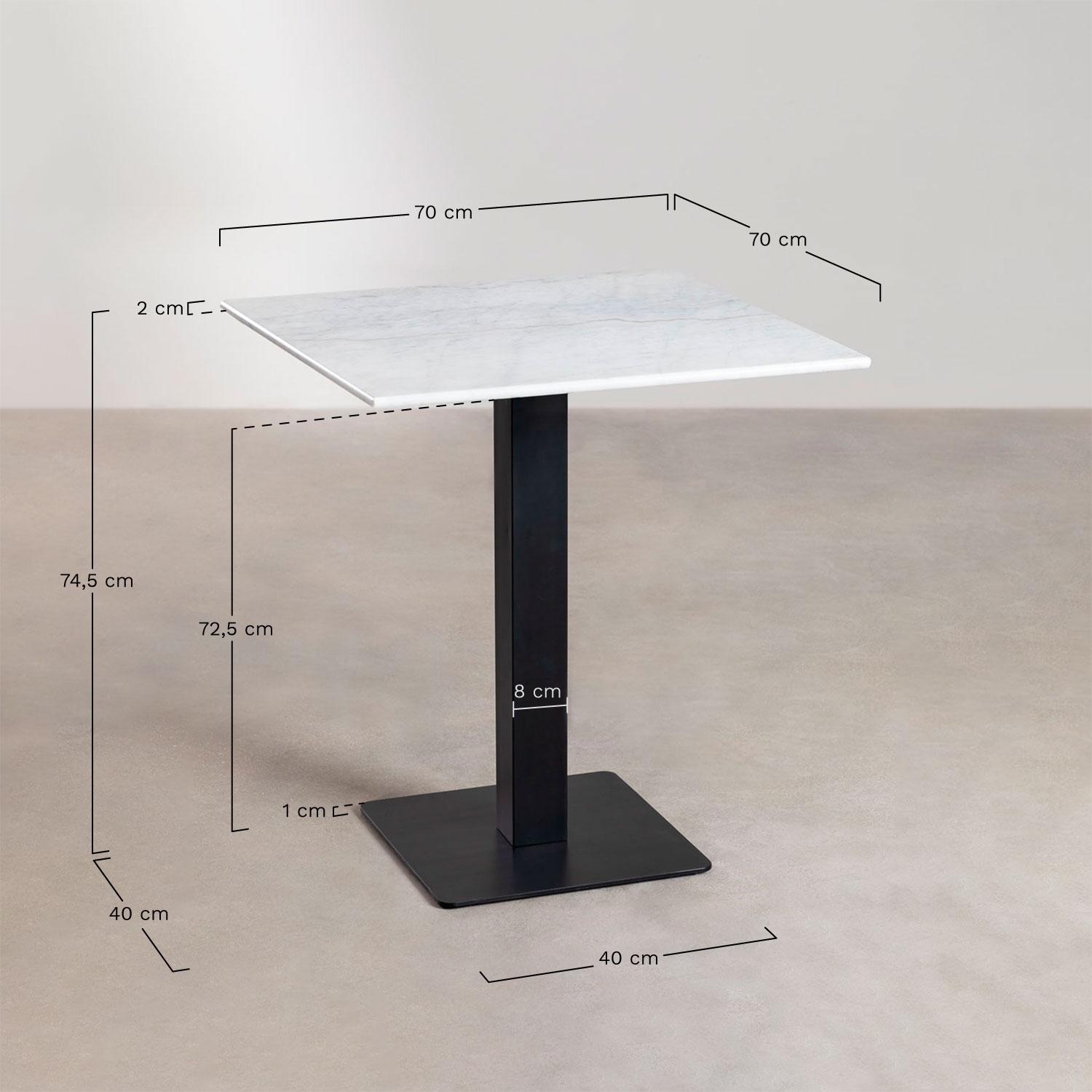 Mesa de bar cuadrada en mármol Livanto, medidas