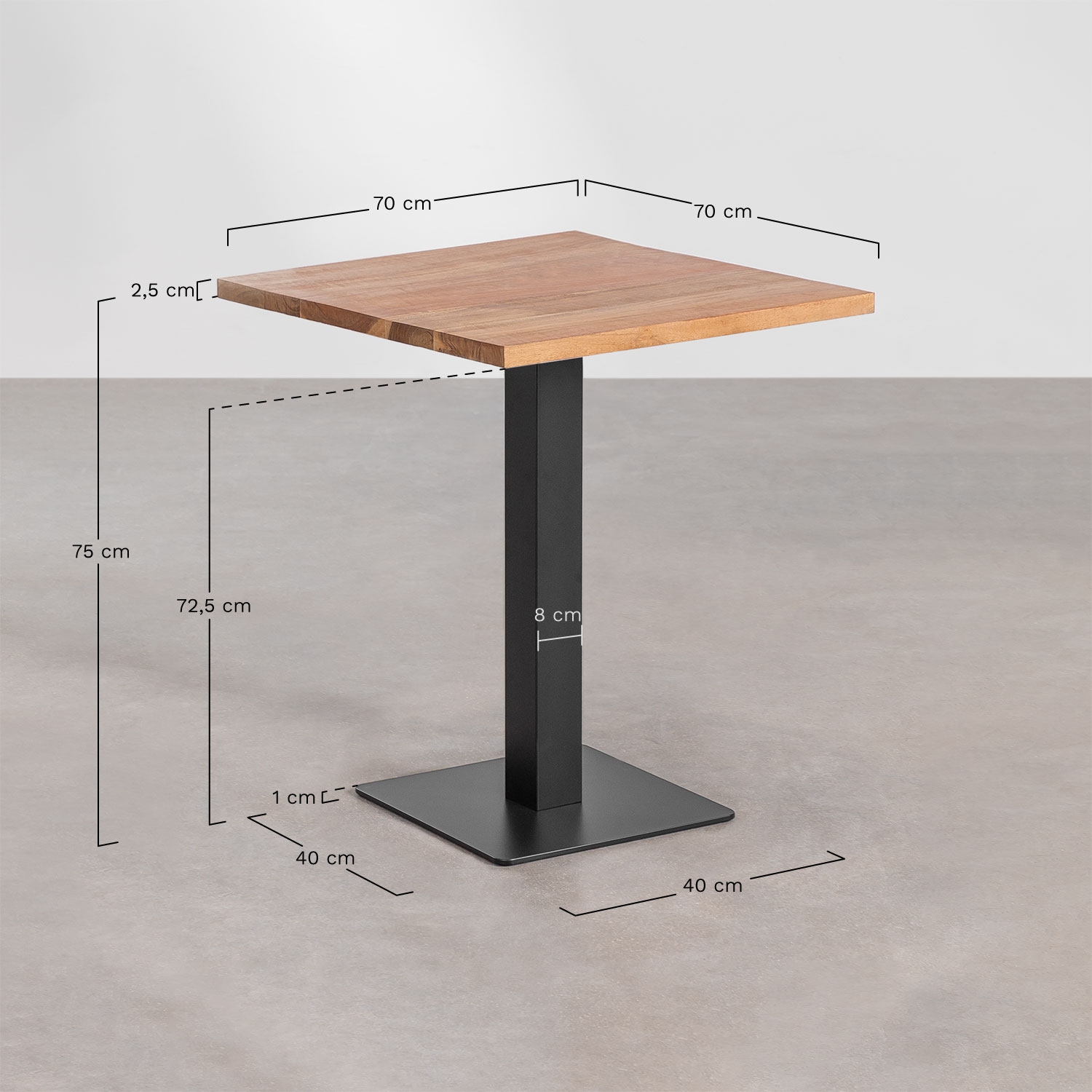 Mesa de bar cuadrada en madera de acacia Livanto, medidas