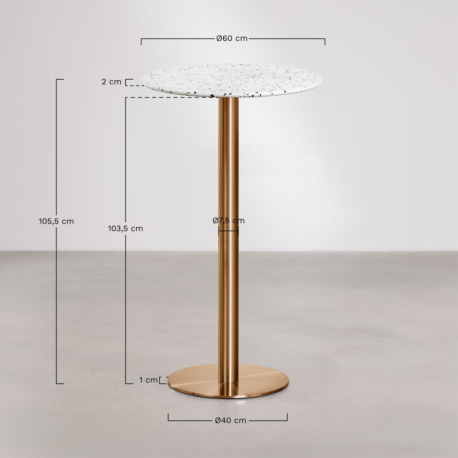 Mesa alta de bar redonda Ø60 cm en terrazo Xiren, medidas