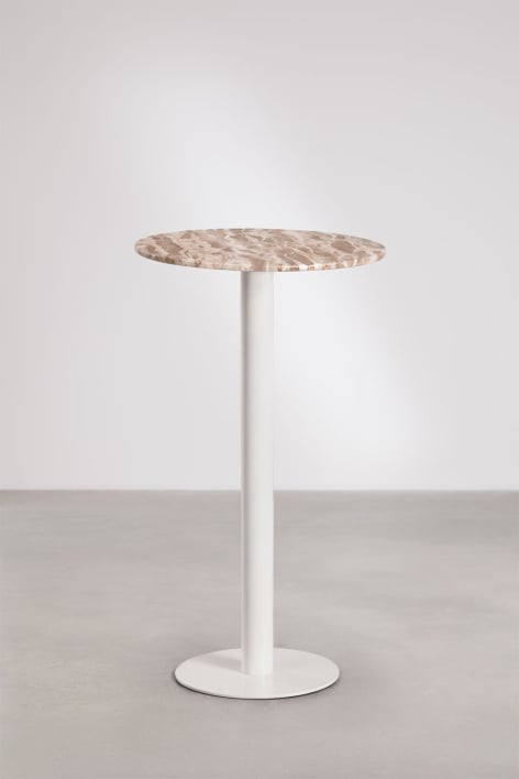 Mesa alta de bar redonda Ø60 cm en piedra natural Xiren - Mármol Beige Panther - Blanco Glacial
