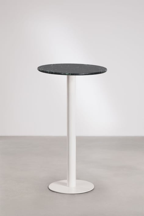 Mesa alta de bar redonda Ø60 cm en piedra natural Xiren - Mármol Verde Big Flower - Blanco Glacial