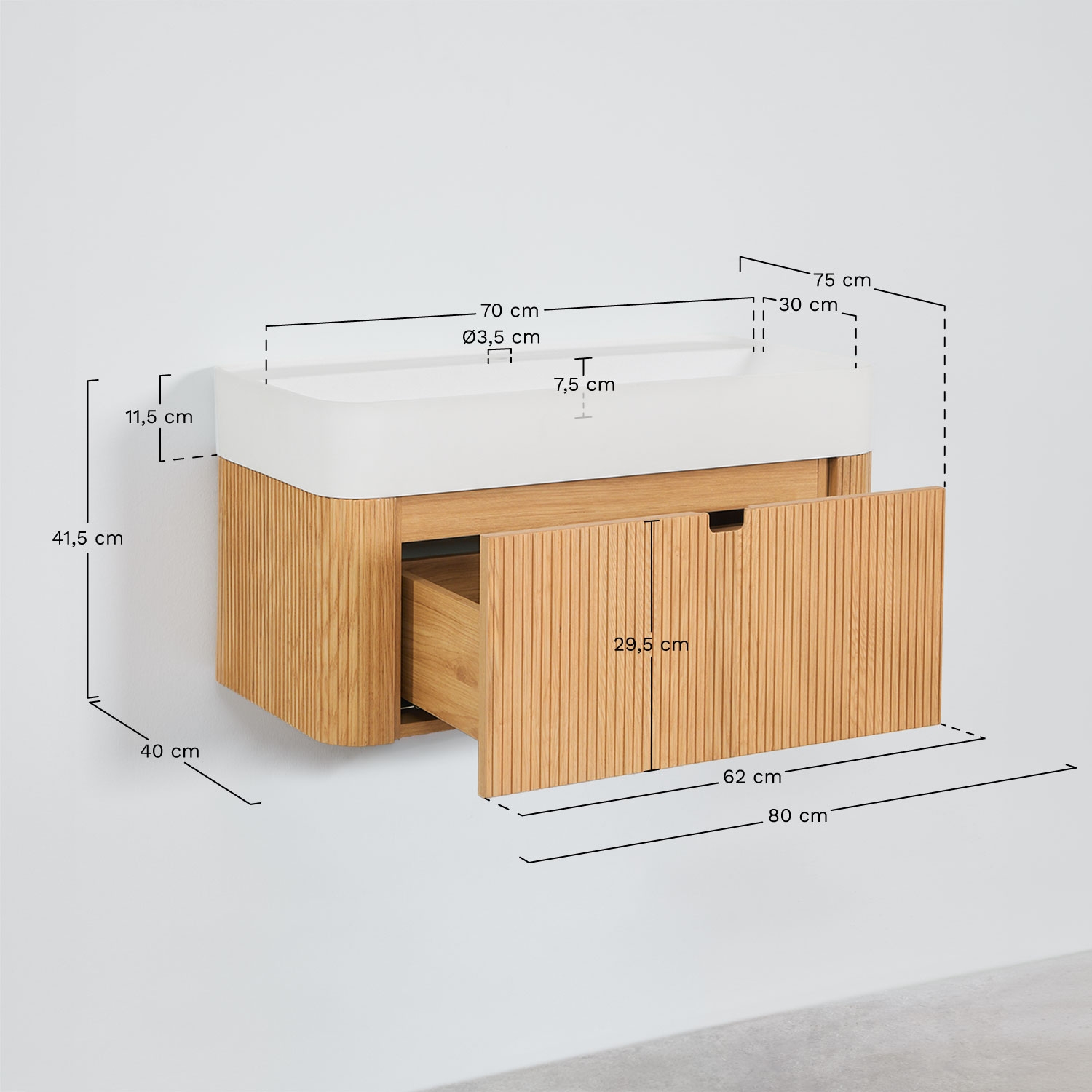 Conjunto de mueble de baño suspendido 80x40 cm en madera con lavabo integrado Saioa, medidas