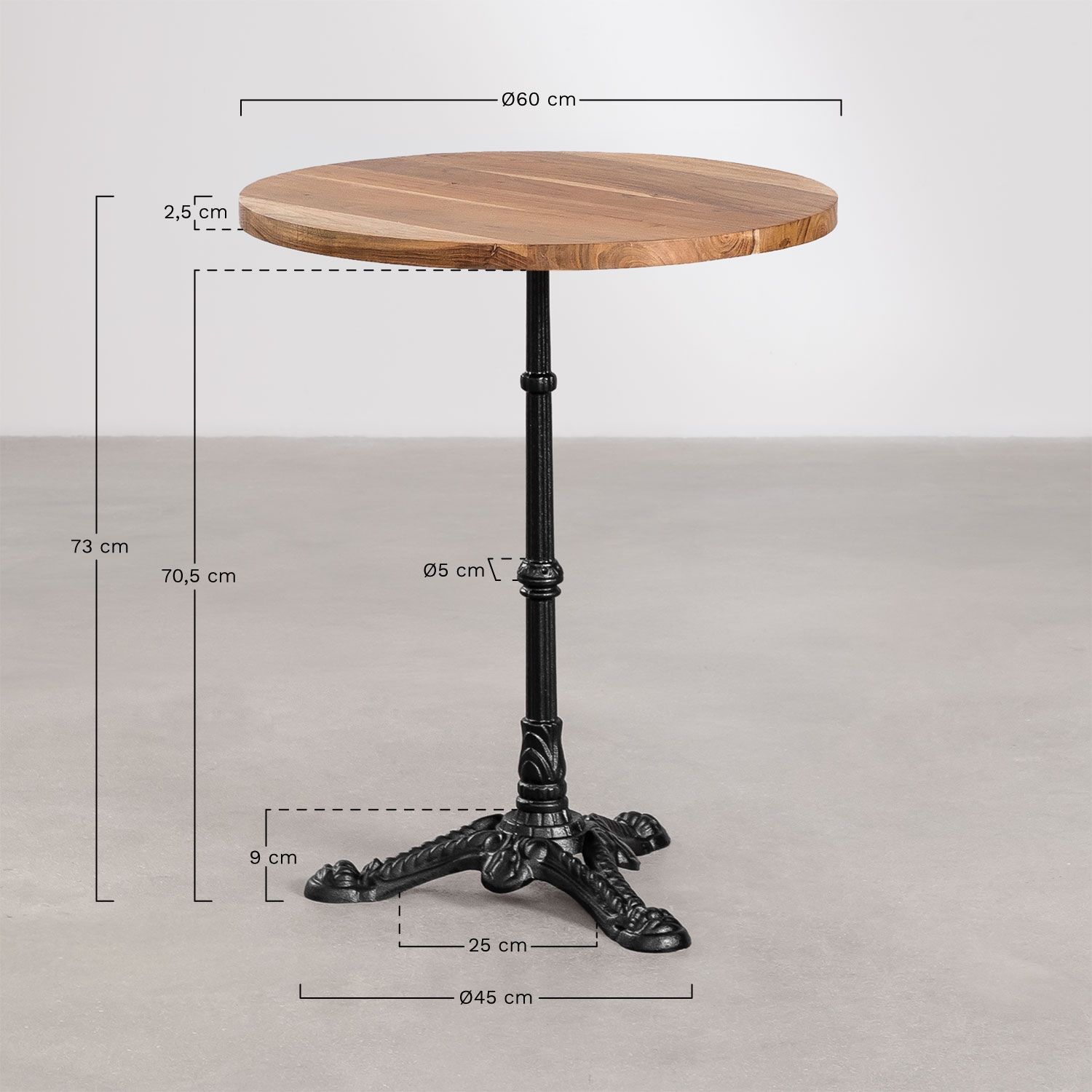 Mesa de bar redonda en madera de acacia Azteca, medidas
