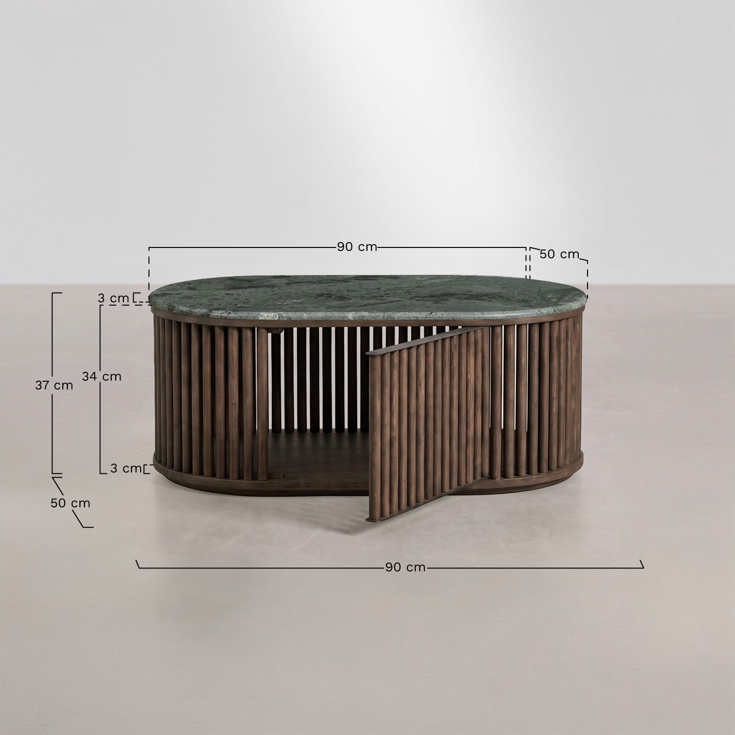 Mesa de centro ovalada 90x50 cm en madera de mango y piedra natural Talix, medidas