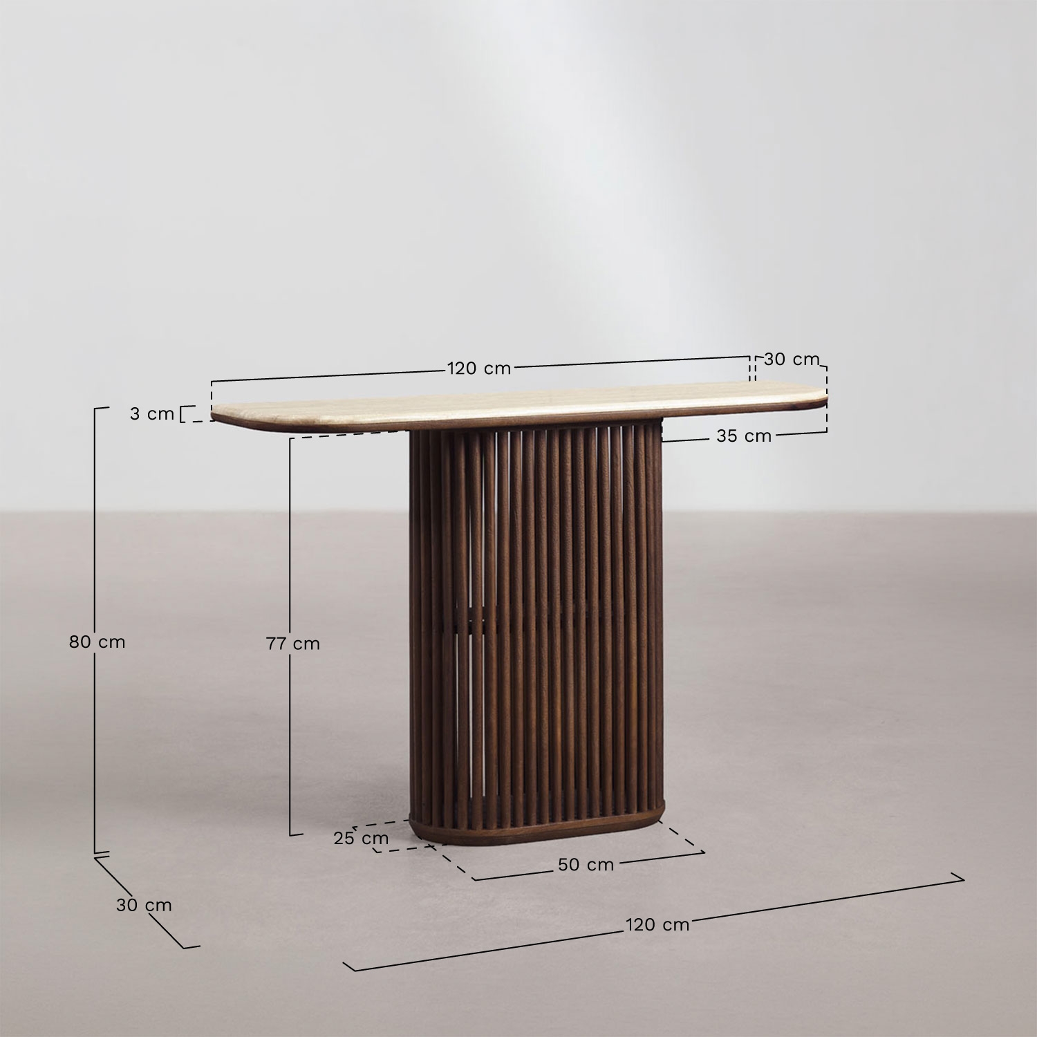 Consola recibidor rectangular 120x30 cm en madera de mango y piedra natural Talix, medidas