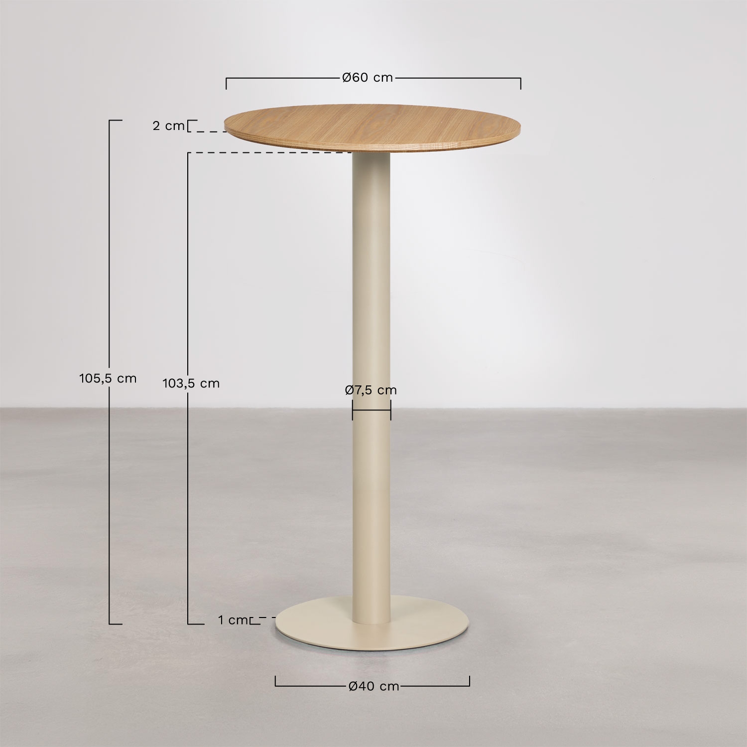 Mesa alta de bar redonda Ø60 cm en MDF Xiren, medidas
