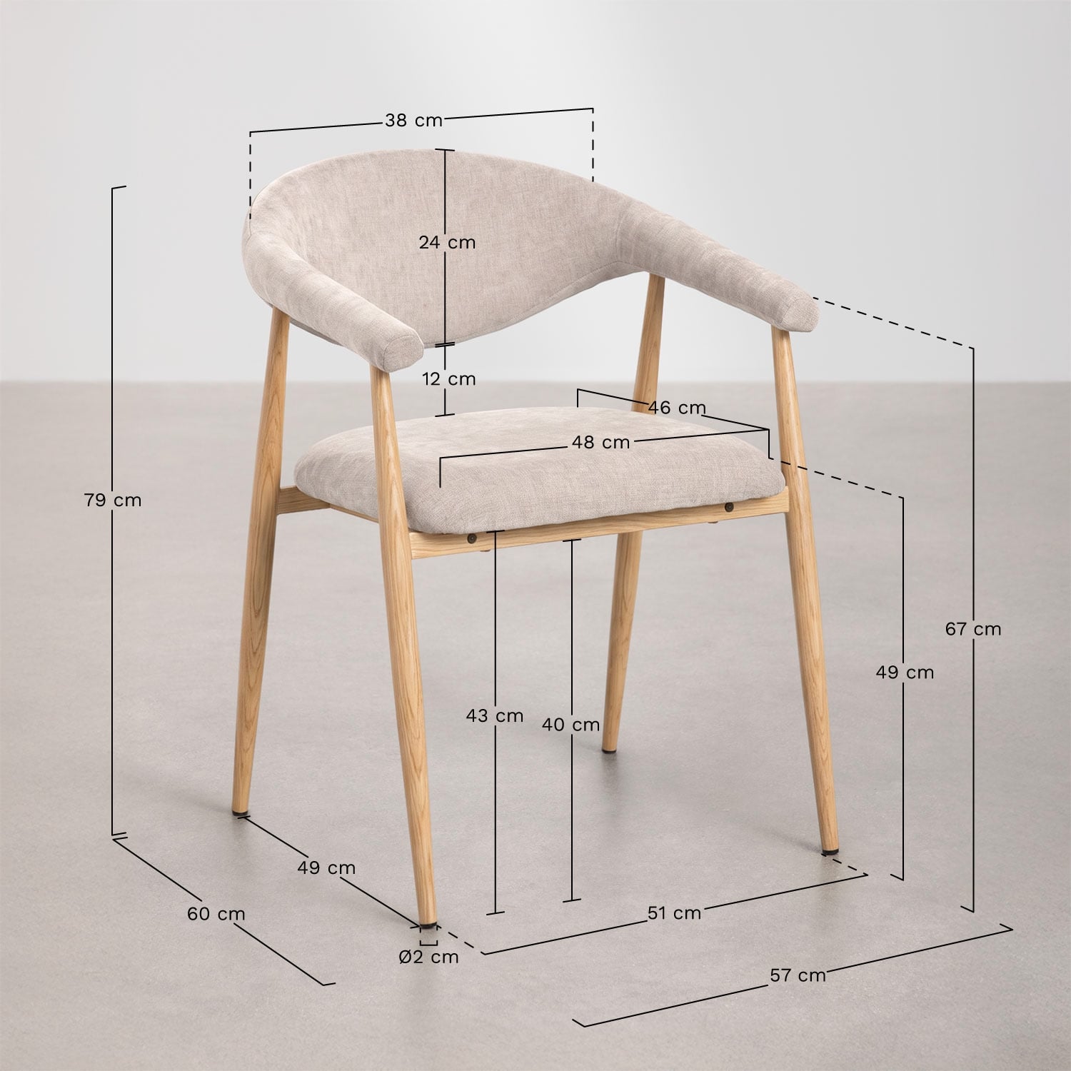 Silla de comedor con reposabrazos tapizada Nervoxi , medidas