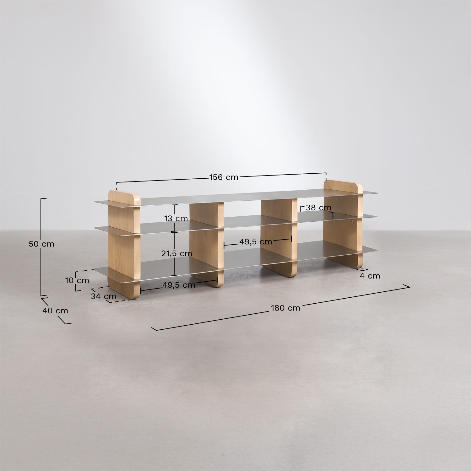 Mueble TV 180x40 cm en madera de mango y acero Tokyo, medidas