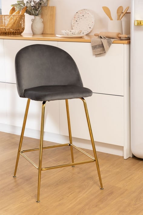 Taburete alto 65 cm en terciopelo gris y patas doradas Kana Design