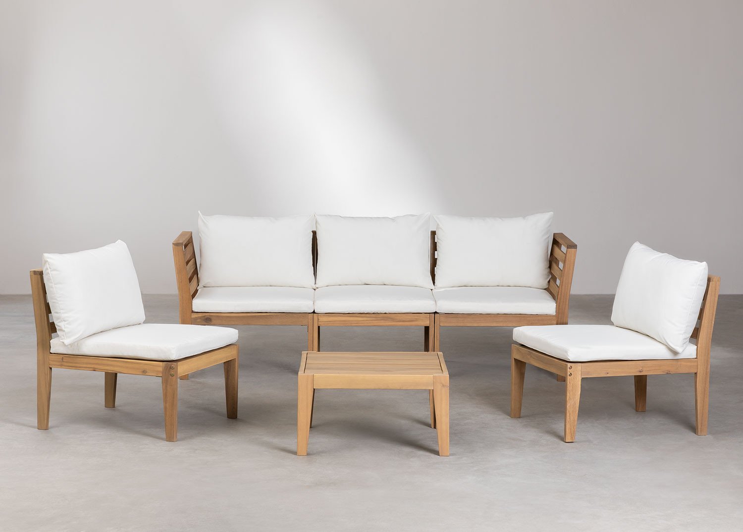 Conjunto de jardín con sofá modular de 5 piezas con reposabrazos y mesa de centro en madera de acacia Filips   , imagen de galería 3