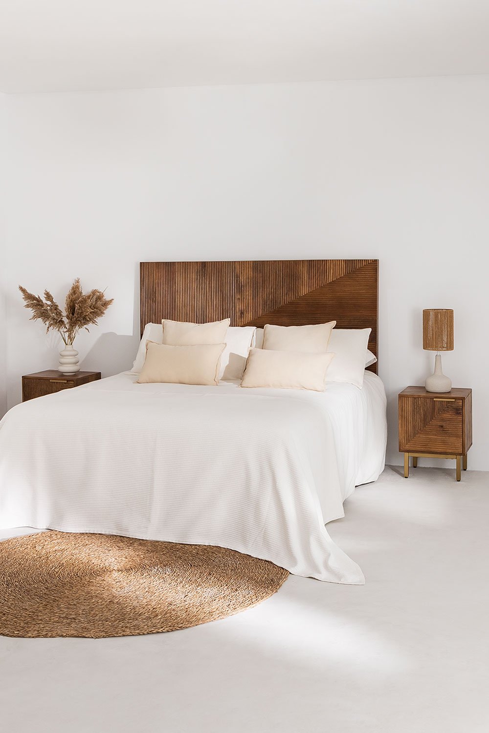 Cabecero de cama de madera y yute cama 150 cm en color marrón