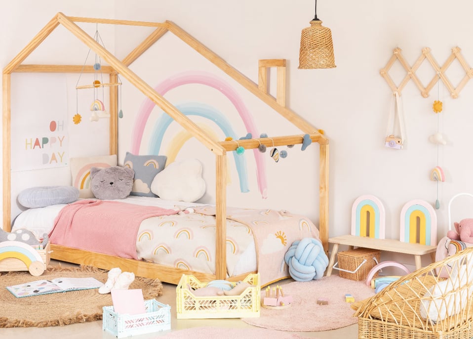 Cama Infantil Tipo Montessori Nube, con somier y Barrera barandilla, en  Madera Natural para niño y niña, 90x190 cm