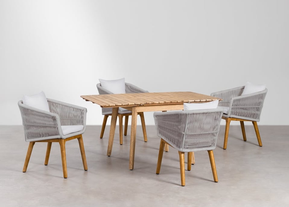 Set de Mesa Extensible en Madera (90-150x90 cm) Naele y 4 Sillas de Jardín Barker