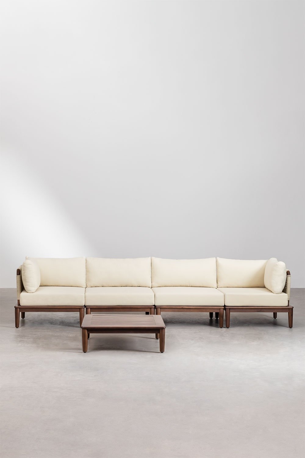 Conjunto de jardín con sofá modular de 4 piezas con 2 sillones esquineros y mesa de centro en acacia Giulia, imagen de galería 4