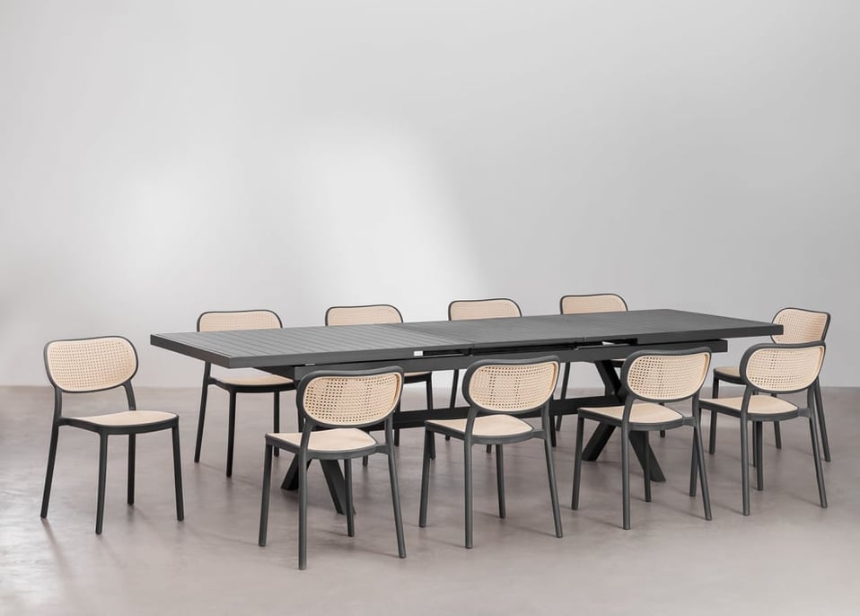 Set de mesa extensible rectangular 240-300x100 cm Karena y 10 sillas de jardín en aluminio Omara