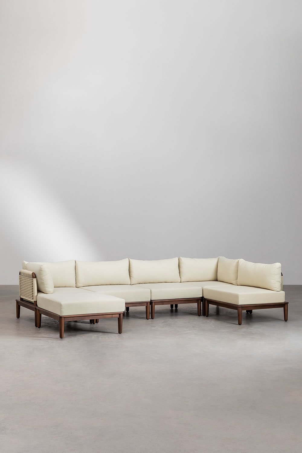 Sofá modular de jardín rinconera de 5 piezas y puff en acacia Giulia, imagen de galería 3