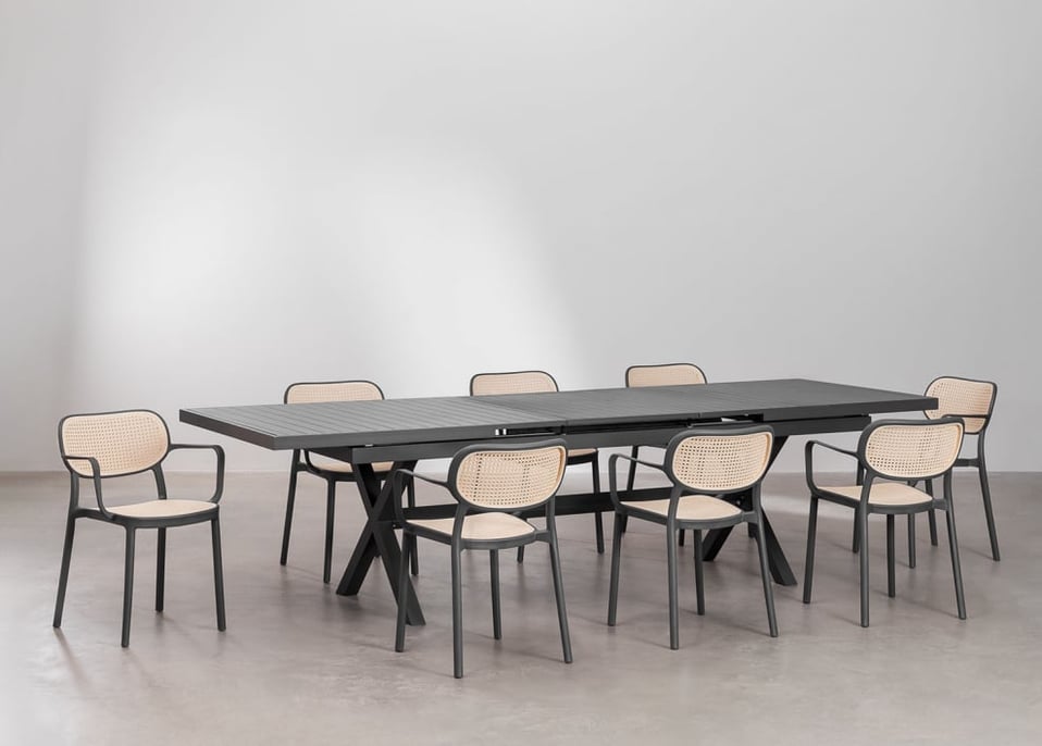 Set de mesa extensible rectangular 240-300x100 cm Karena y 8 sillas de jardín con reposabrazos en aluminio Omara