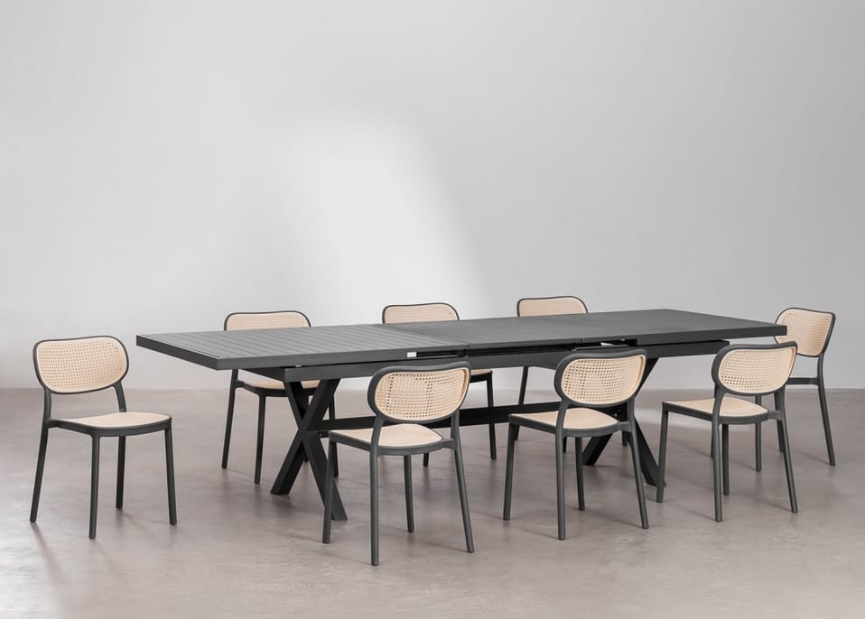 Set de mesa extensible rectangular 240-300x100 cm Karena y 8 sillas de jardín en aluminio Omara