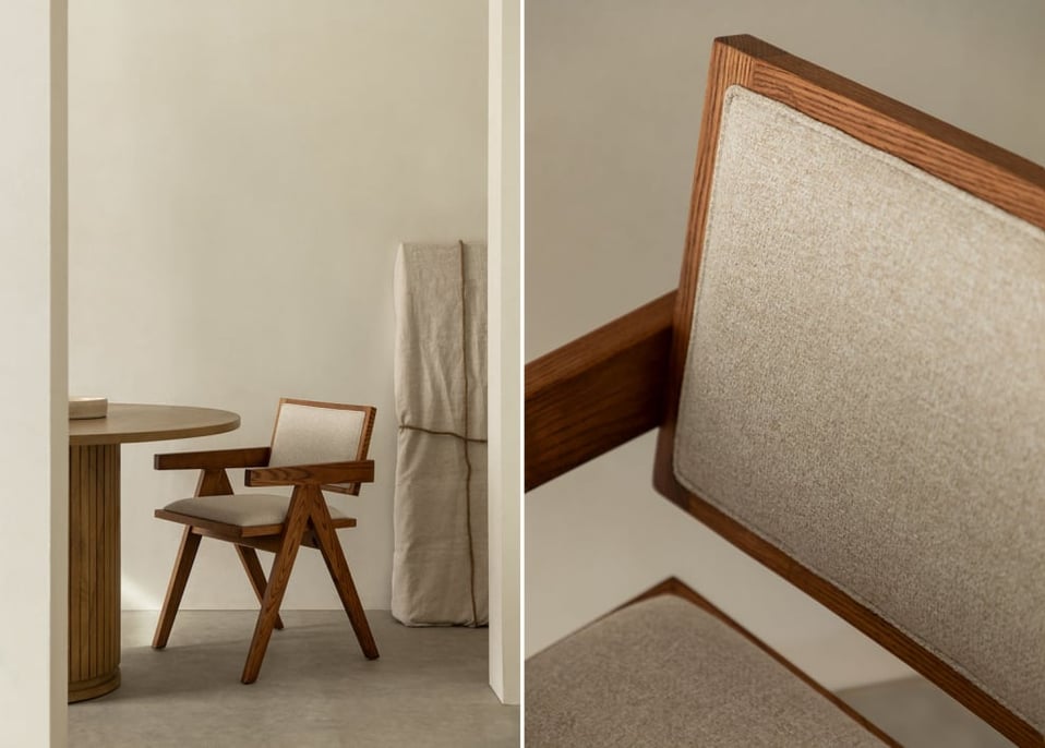 Silla comedor tapizada con reposabrazos en madera de fresno Lali