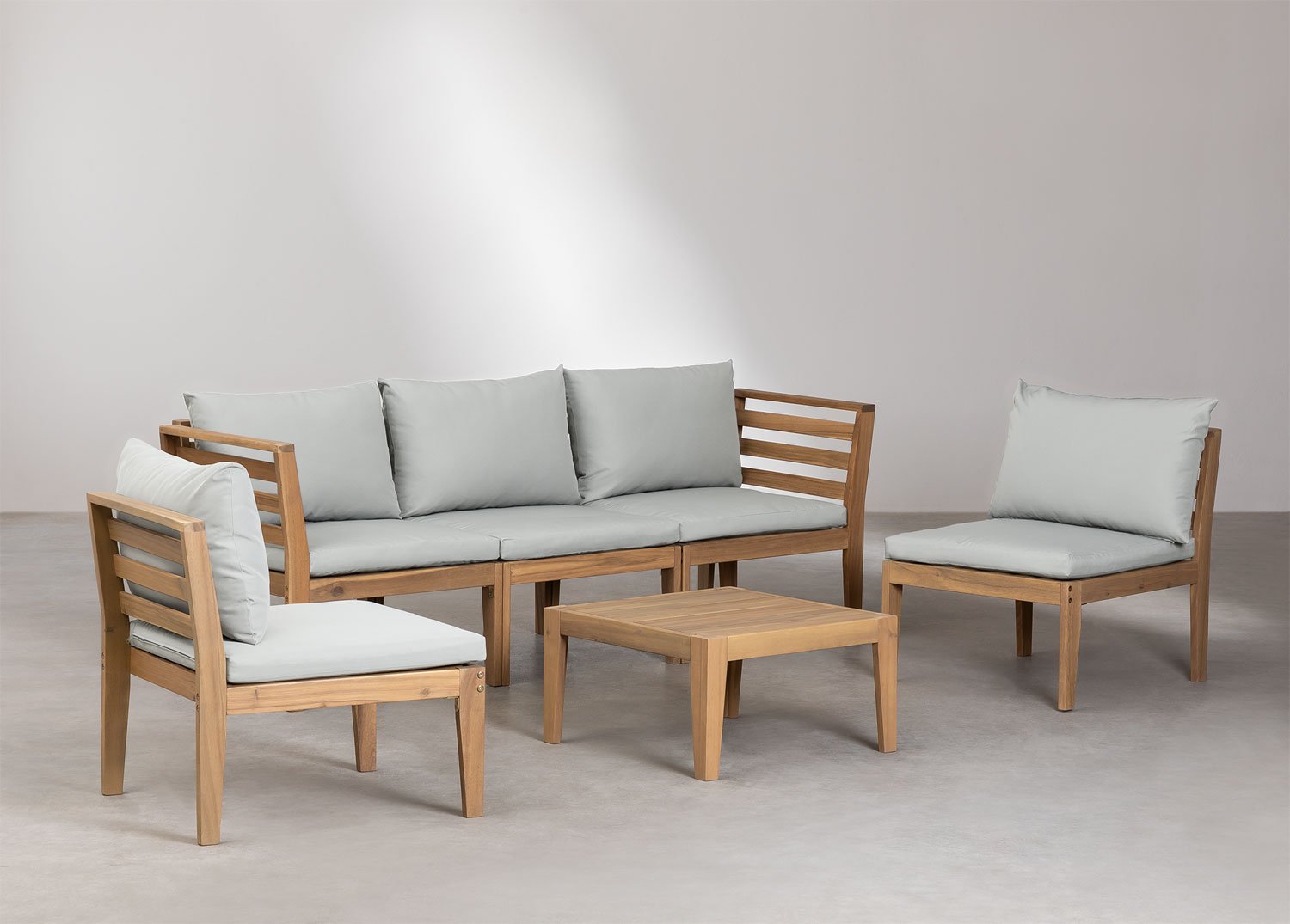 Conjunto de jardín con sofá modular de 5 piezas con reposabrazos y mesa de centro en madera de acacia Filips   , imagen de galería 2