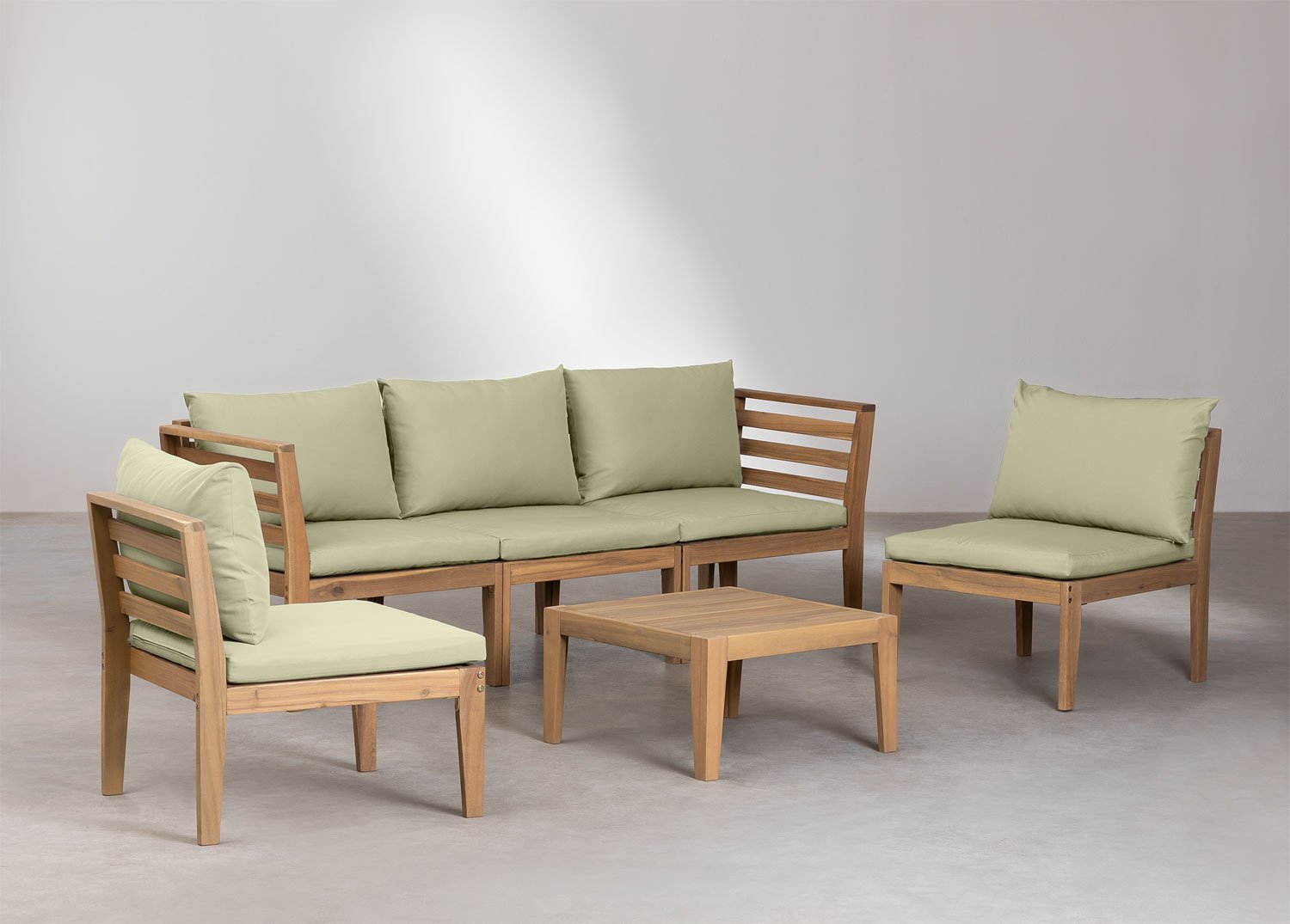 Conjunto de jardín con sofá modular de 5 piezas con reposabrazos y mesa de centro en madera de acacia Filips   , imagen de galería 1