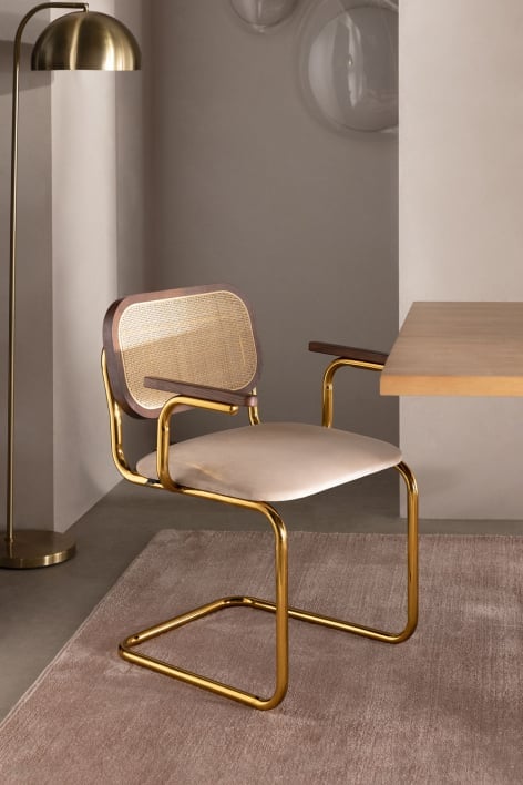 Silla de comedor con reposabrazos en ratán Tento Gold Vintage