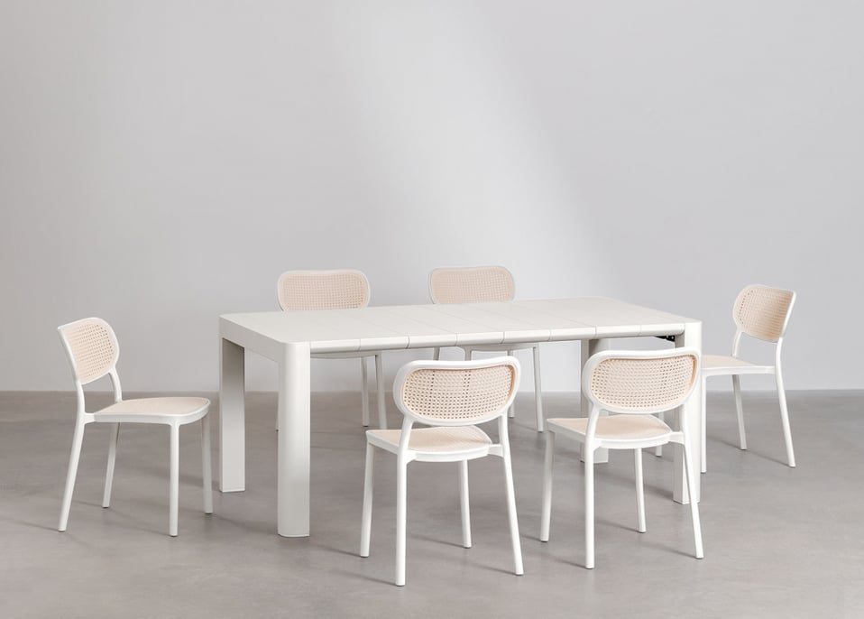 Set de Mesa Rectangular (180x100 cm) Arnadine y 6 Sillas de Comedor Apilables Omara - Blanco Gardenia