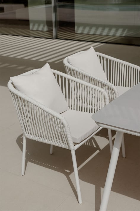 Silla de jardín con reposabrazos en aluminio y cuerda trenzada Arhiza Classic - Blanco Gardenia