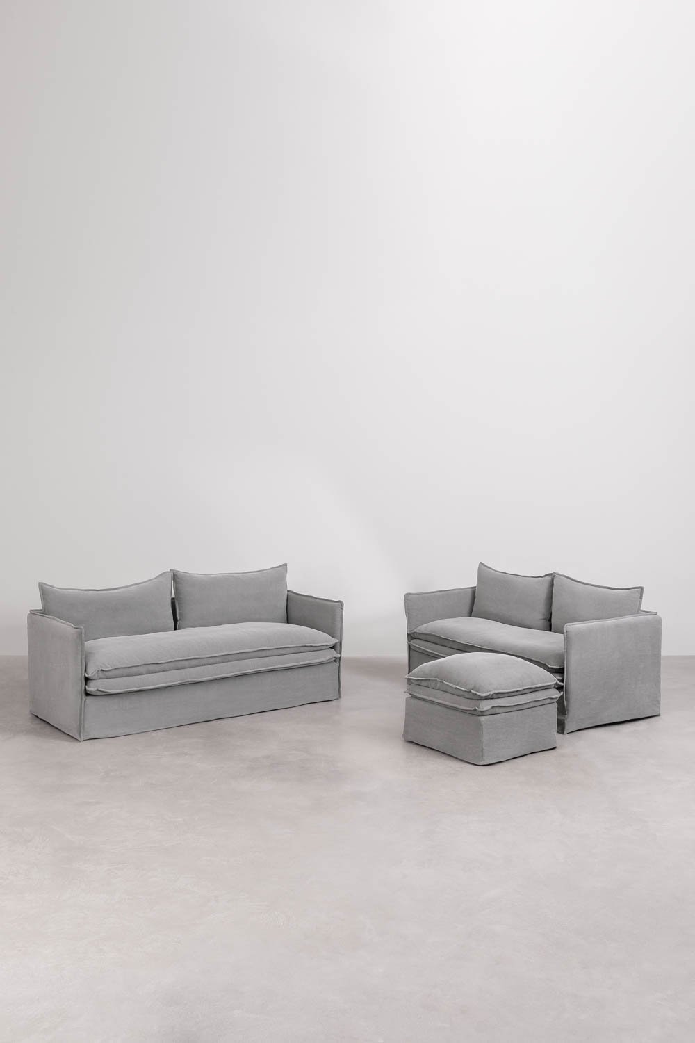 Conjunto de salón con sofá de 2 plazas, sofá de 3 plazas y puff en lino y algodón Grace, imagen de galería 3