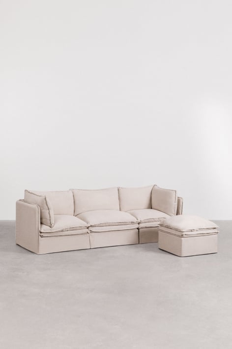 Sofá modular de 3 piezas y puff en lino y algodón Grace - Tela Beige