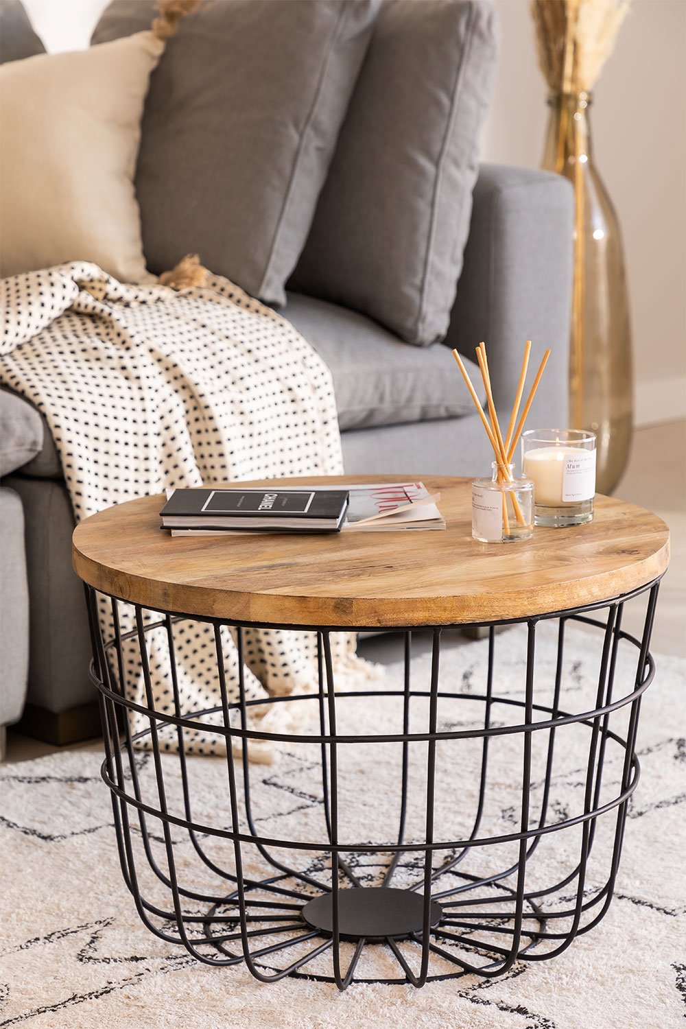 Mesa de centro redonda en madera de mango y acero (Ø62 cm) Ket, imagen de galería 1