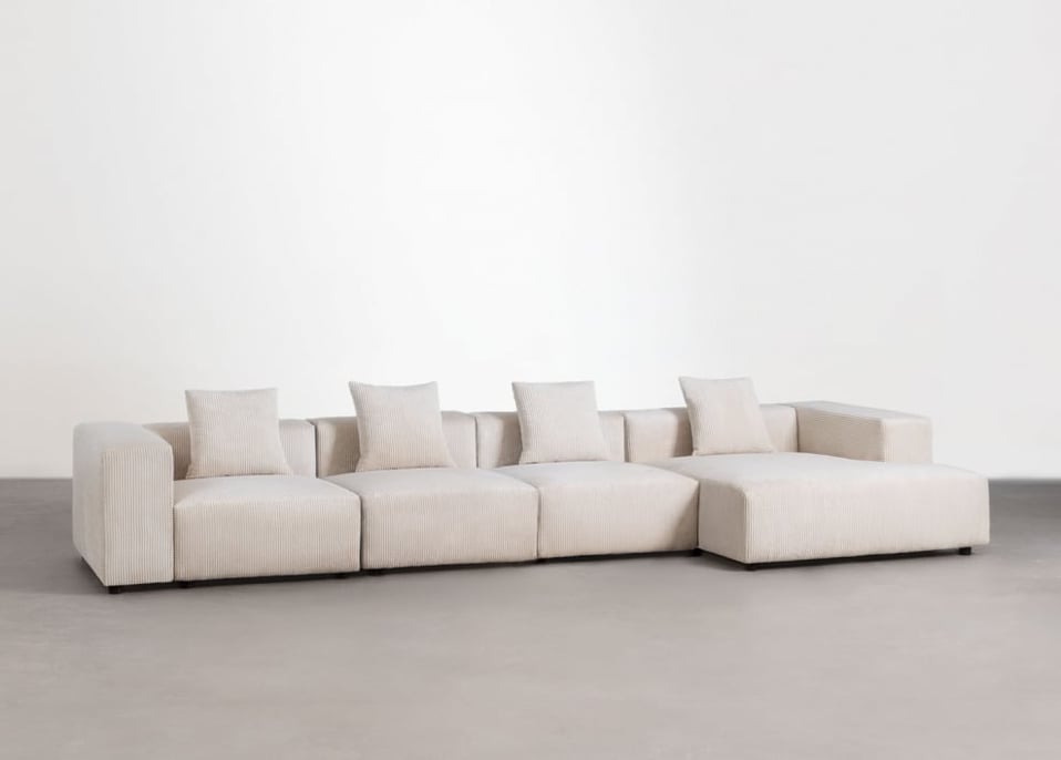 Sofá modular chaise longue derecho de 4 piezas ↔︎420 cm con reposabrazos alto Bruna - Pana Beige Lino
