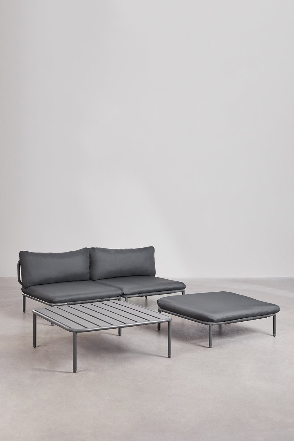 Conjunto de jardín con sofá modular de 2 piezas, puff y mesa de centro Roubly, imagen de galería 1